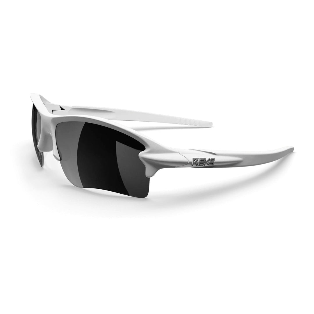 White Sling Blade Trivex polarized prescription sunglasses by REKS® with mirrored lenses, three-quarter view showing sleek design