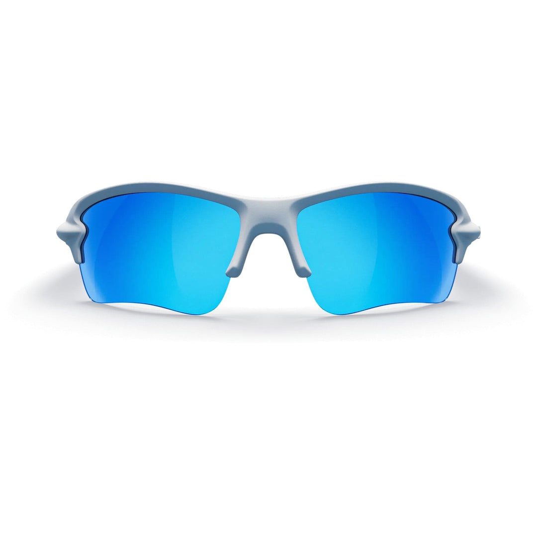 White Sling Blade REKS® polarized prescription sunglasses with cobalt blue mirrored lenses, front view showing sleek design and mirror finish.