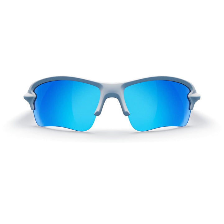White Sling Blade REKS® polarized prescription sunglasses with cobalt blue mirrored lenses, front view showing sleek design and mirror finish.