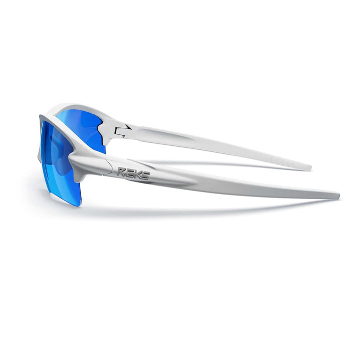 White sling-blade REKS® polarized prescription sunglasses with cobalt blue mirror lenses, side view showing sleek design and frame details.