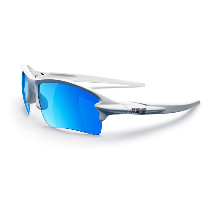 White Sling Blade Trivex polarized prescription sunglasses by REKS® with cobalt blue mirror lenses, three-quarter view.