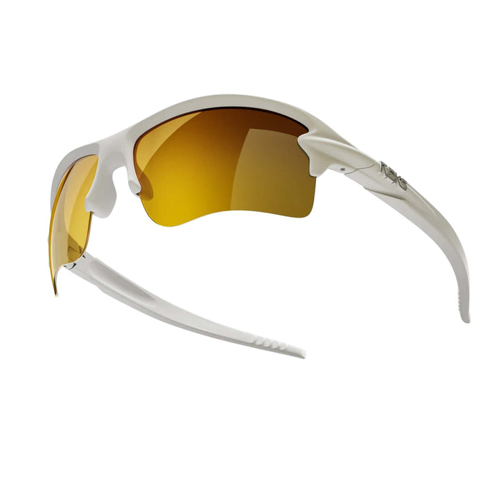 White Sling-Blade REKS® polarized prescription sunglasses with gold mirror lenses, featuring a sleek, modern frame design.