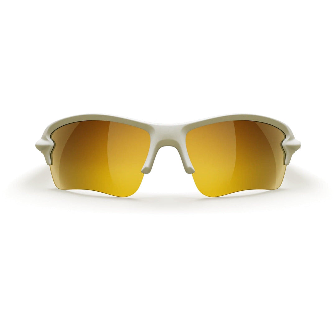 White Sling-Blade REKS® polarized prescription sunglasses with gold mirror lenses, showing the front view of the stylish frame.