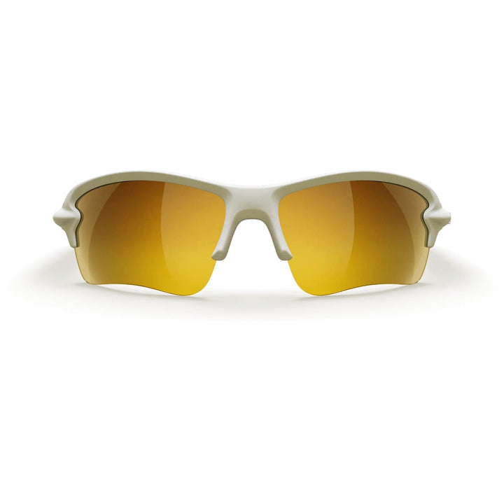 White Sling-Blade REKS® polarized prescription sunglasses with gold mirror lenses, showing the front view of the stylish frame.