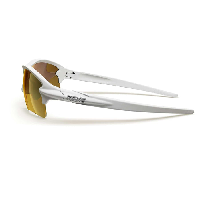 White Sling Blade Trivex polarized prescription sunglasses with gold mirror lenses and sleek white frame by REKS®.