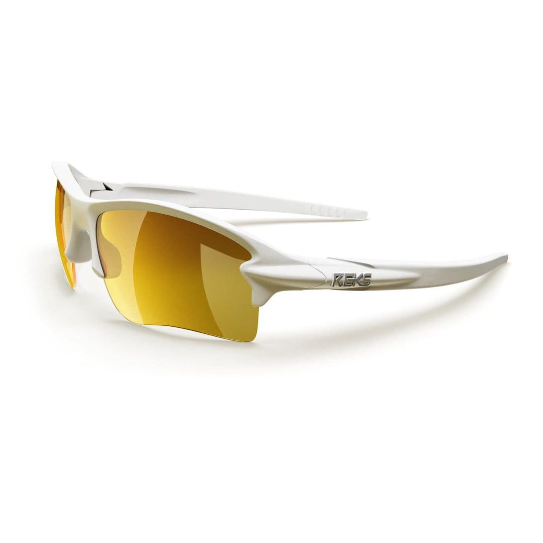 White Sling Blade Trivex polarized prescription sunglasses with gold mirror lenses, featuring a sleek, modern design by REKS®.