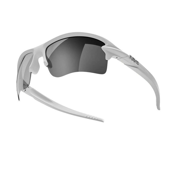 White Sling Blade Trivex® polarized prescription sunglasses with silver mirror lenses by REKS®, featuring a sleek white frame and modern design.