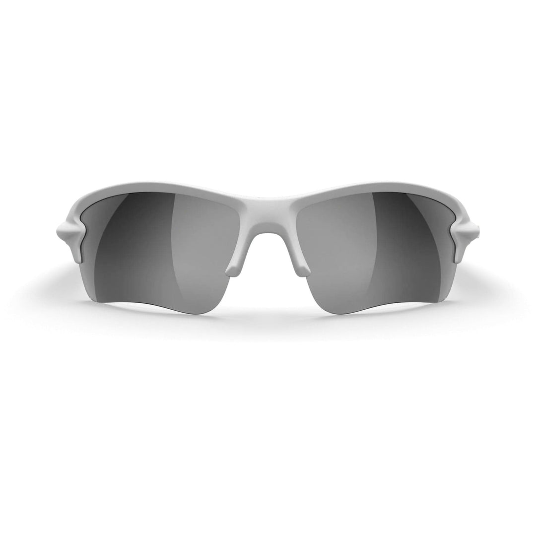 White Sling Blade Trivex® polarized sunglasses with silver mirror lenses by REKS®, front view showing sleek design and reflective surface.