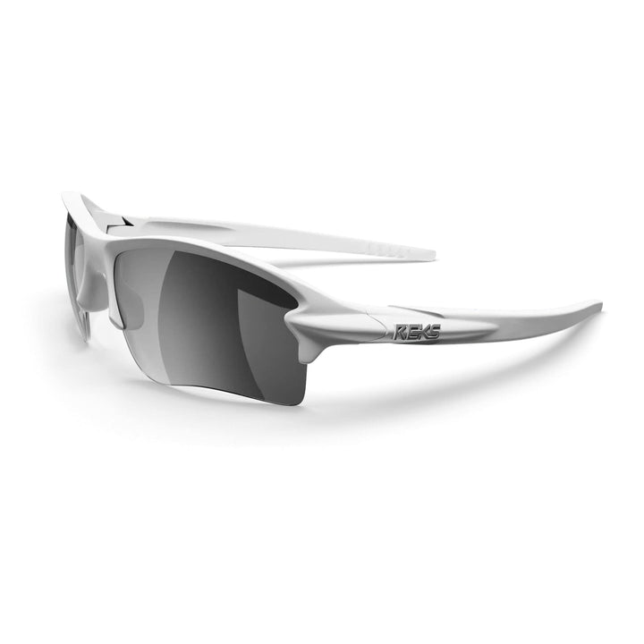 White Sling Blade Trivex polarized prescription sunglasses with silver mirror lenses and sleek frame, styled in a three-quarter view.