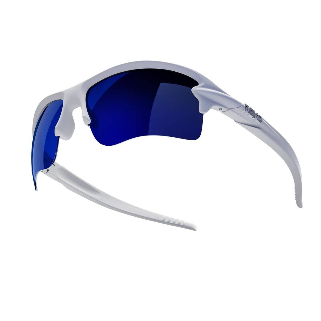 White Sling Blade REKS® Polarized Prescription Sunglasses with blue mirror lenses, showcasing sleek design and reflective mirror finish.