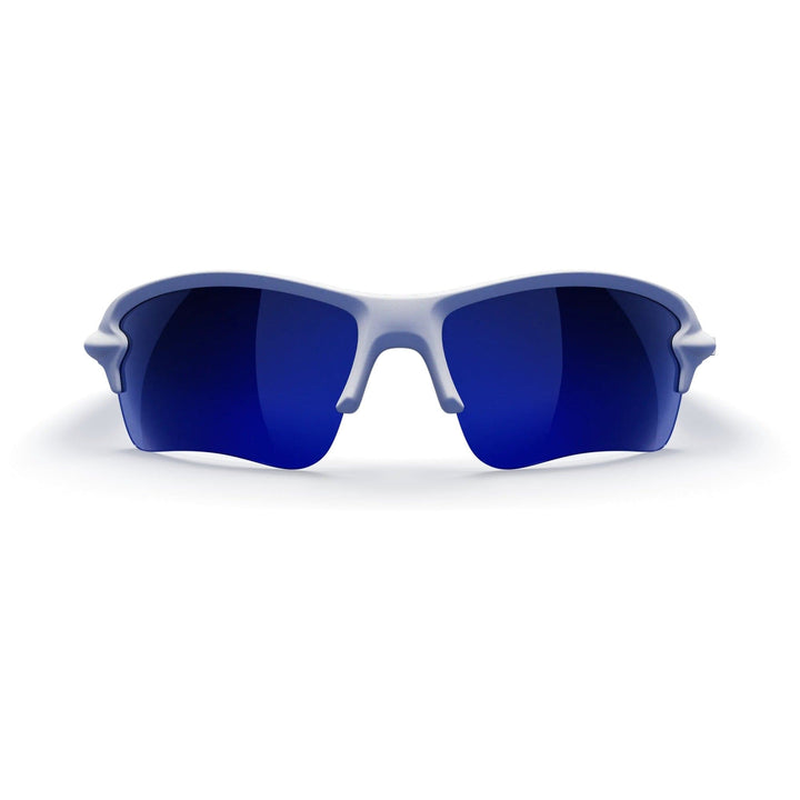 White SlingBlade Trivex polarized prescription sunglasses with blue mirror lenses and sleek frame design by REKS®.