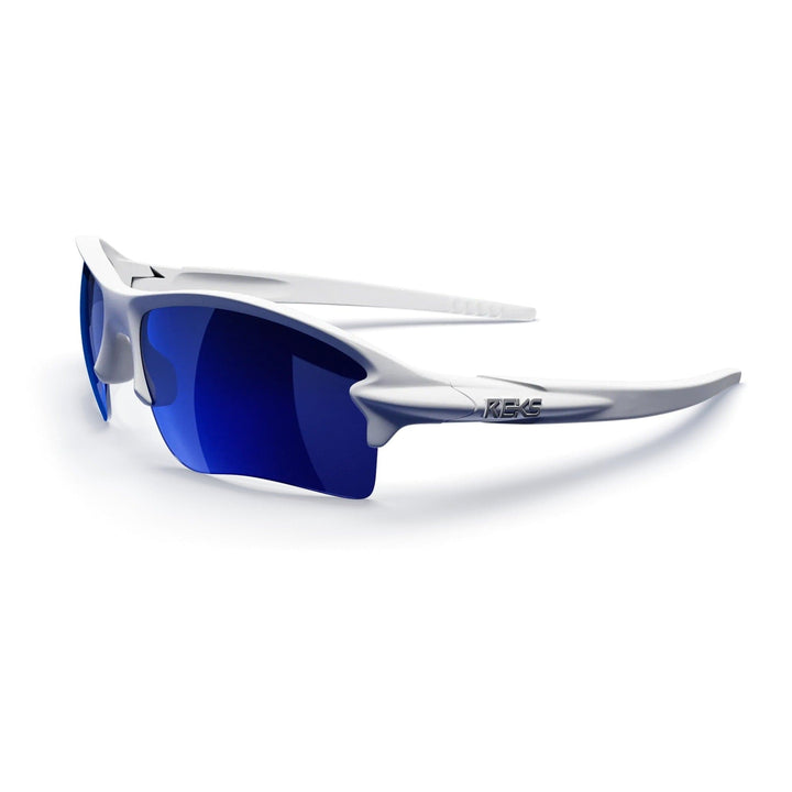 White Sling Blade Trivex® polarized prescription sunglasses with blue mirror lenses, three-quarter view, by REKS®.