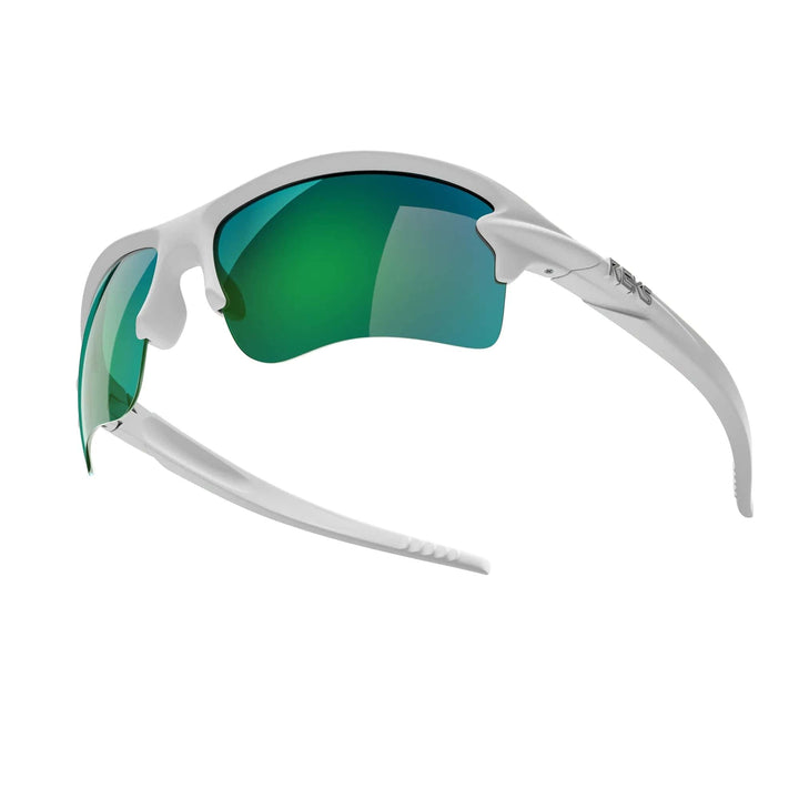 White Sling Blade REKS® polarized prescription sunglasses with green mirror lenses, featuring a sleek design and adjustable nose pads.