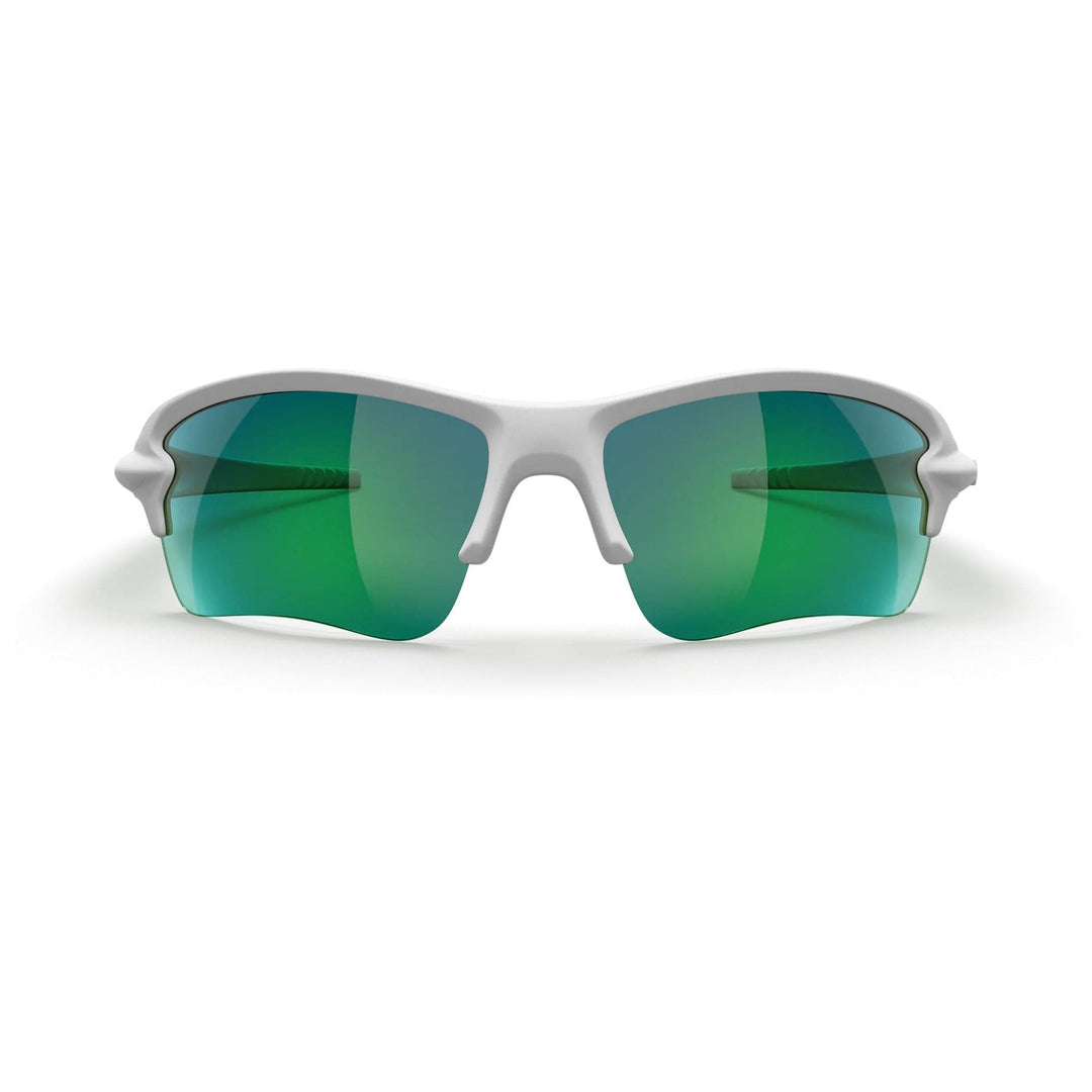 White Sling Blade Trivex polarized prescription sunglasses with green mirror lenses from REKS® shown front view.