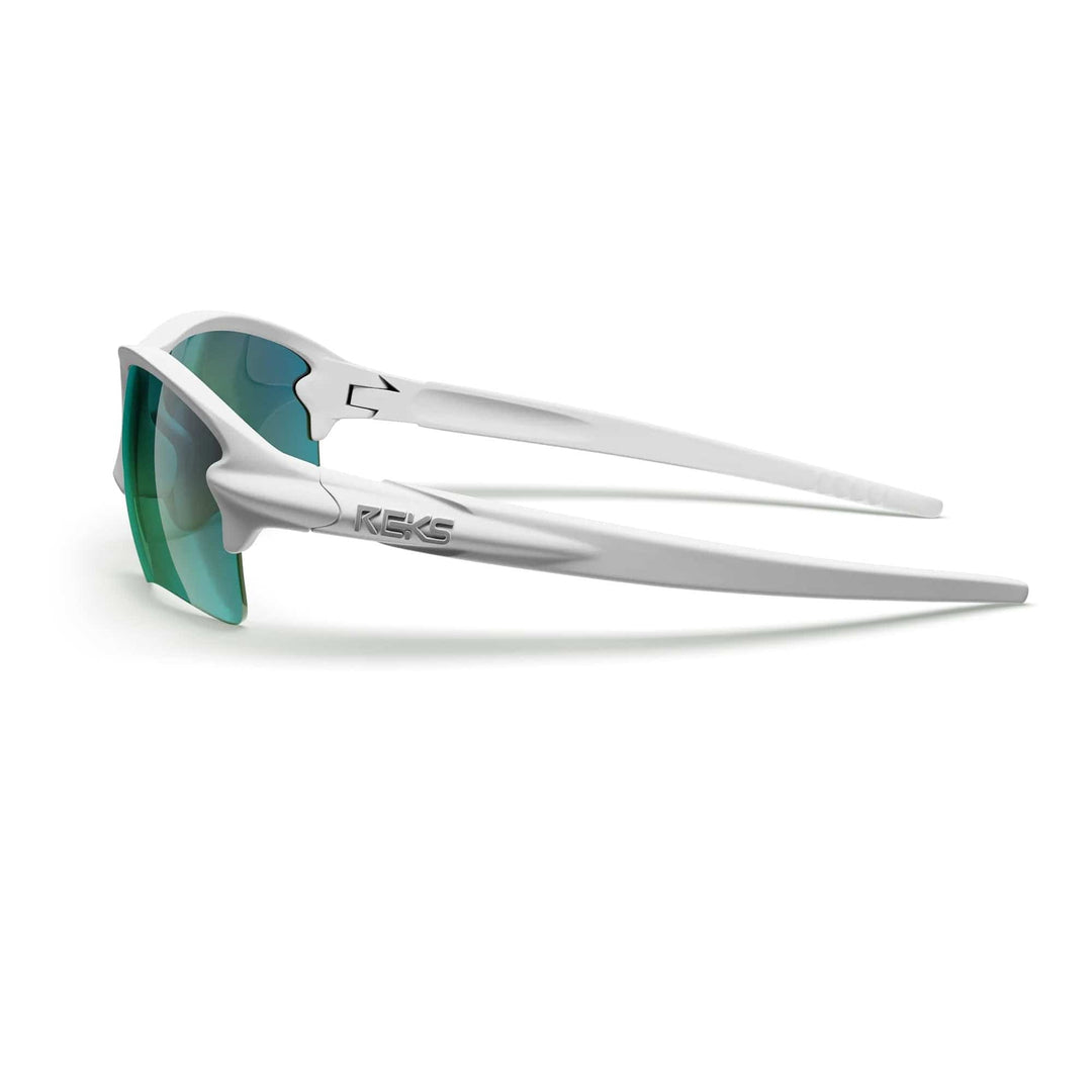 White Sling Blade Trivex® polarized prescription sunglasses with green mirror lenses, side view showing sleek white frame and green accents.