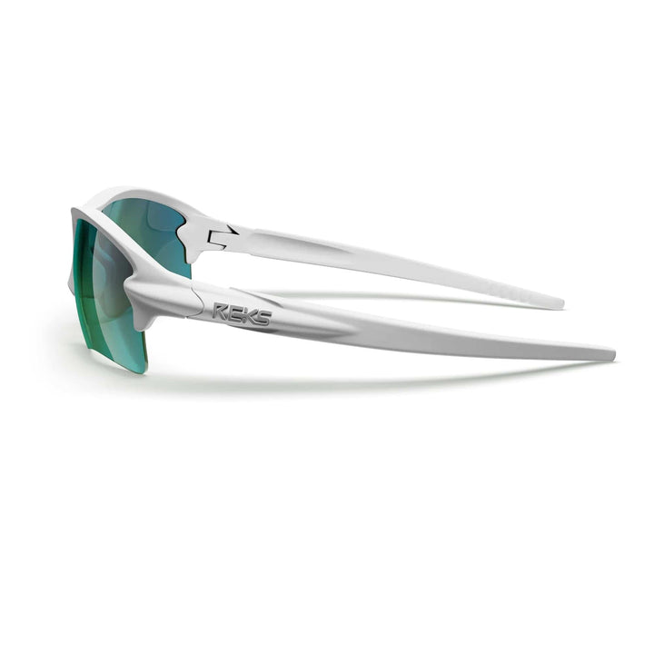 White Sling Blade Trivex® polarized prescription sunglasses with green mirror lenses, side view showing sleek white frame and green accents.