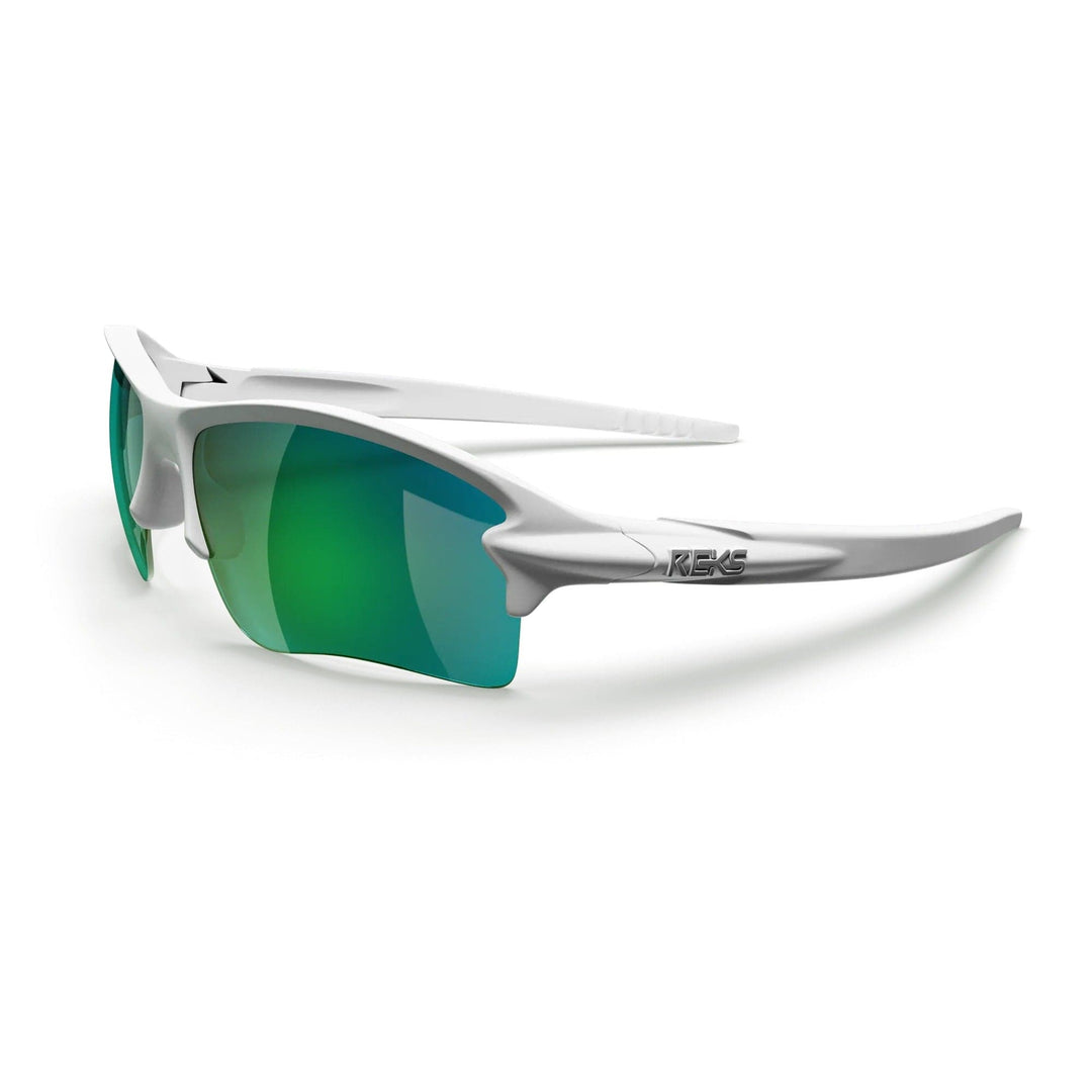 White Sling Blade Trivex® polarized prescription sunglasses with green mirror lenses, three-quarter view, by REKS®.