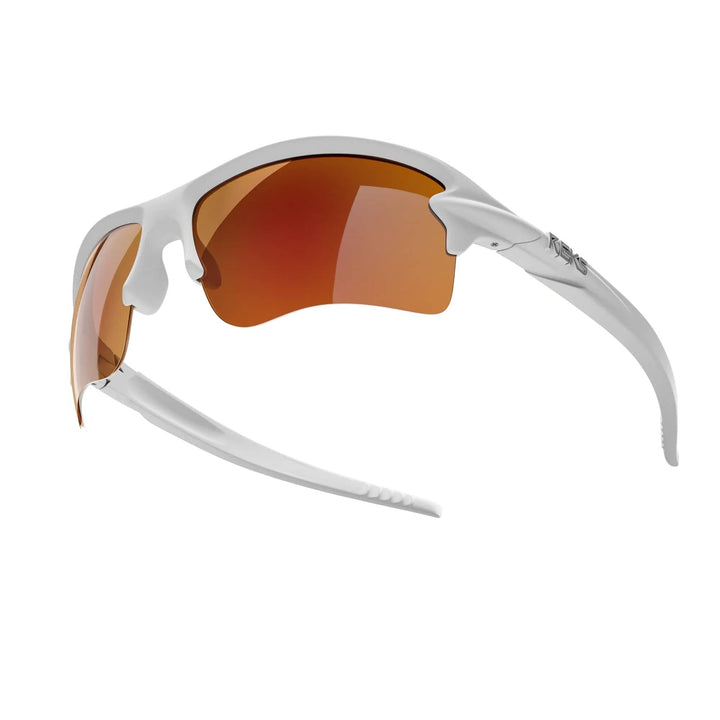 White Sling Blade Trivex polarized prescription sunglasses with red mirror lenses and sleek frame by REKS®.