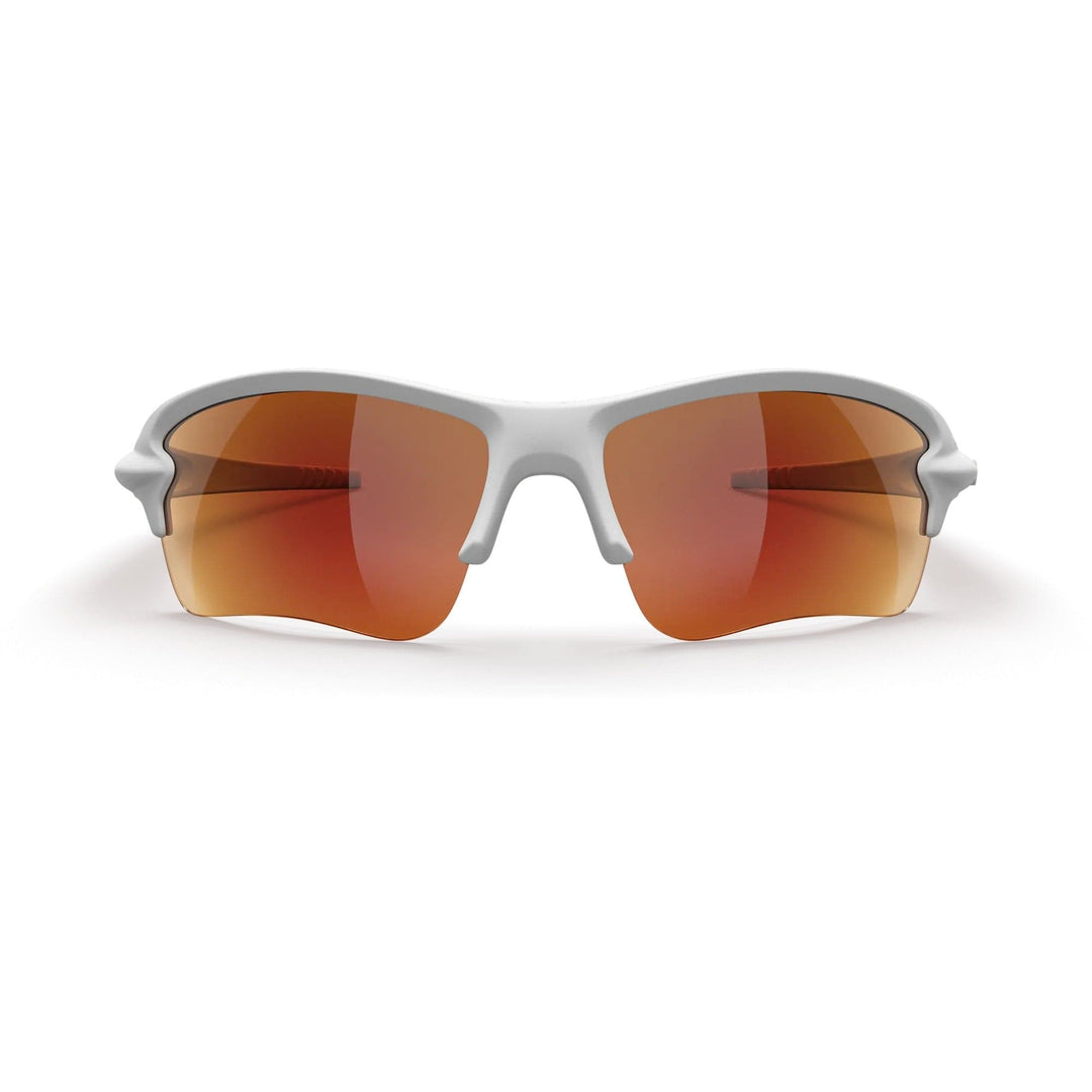 White Sling Blade Trivex polarized prescription sunglasses with red mirror lenses, front view, branded REKS® eyewear.