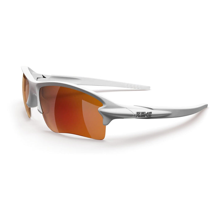 White Sling Blade Trivex polarized prescription sunglasses by REKS® with red mirror lenses, shown from a three-quarters view.