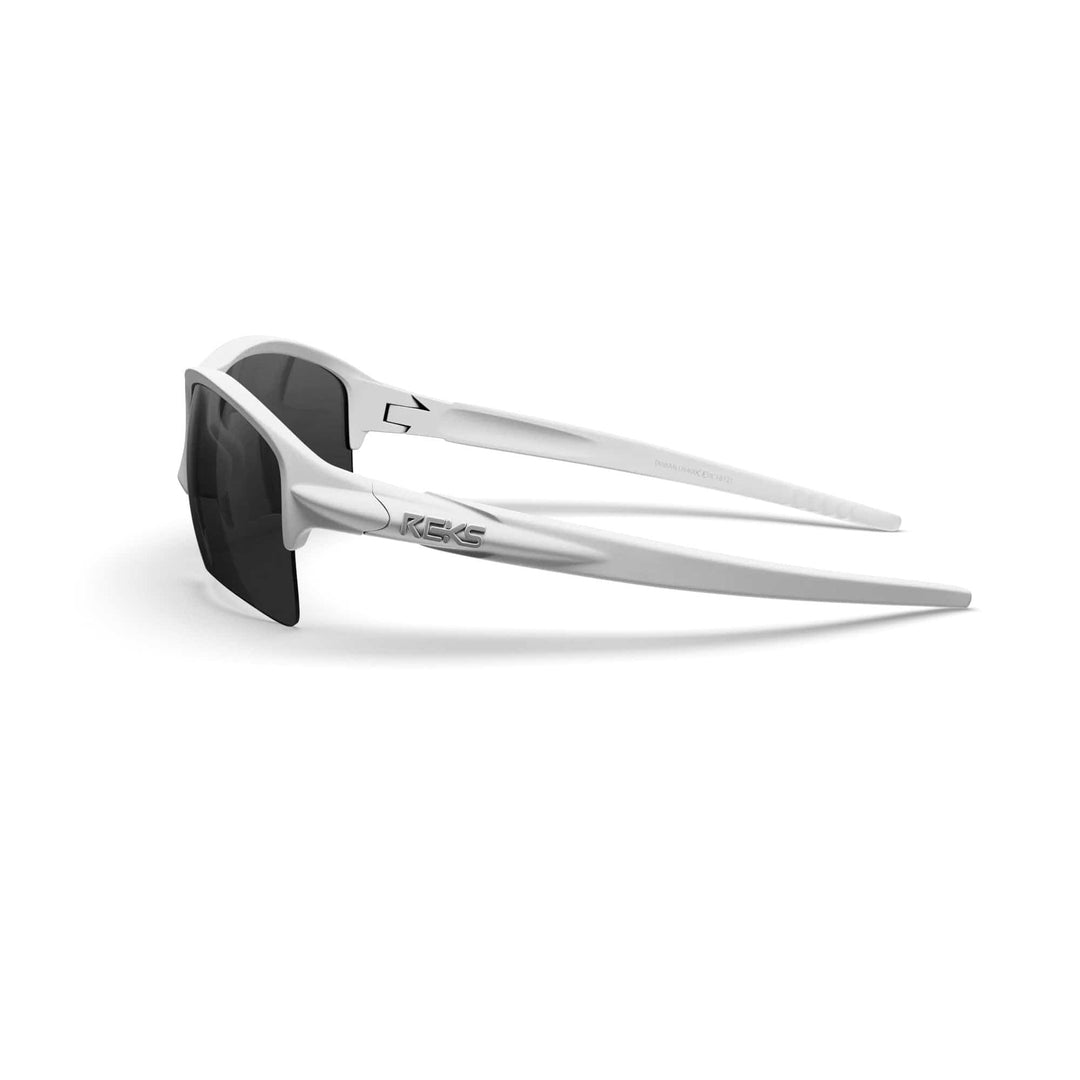 White REKS Sling XM polarized sunglasses with smoke lenses and polycarbonate frames, stylish and lightweight for sun protection.