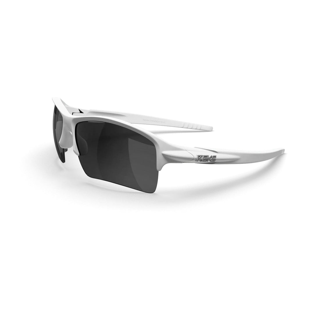 White Sling XM polarized polycarbonate sunglasses by REKS® with smoke-tinted lenses and sleek white frame.