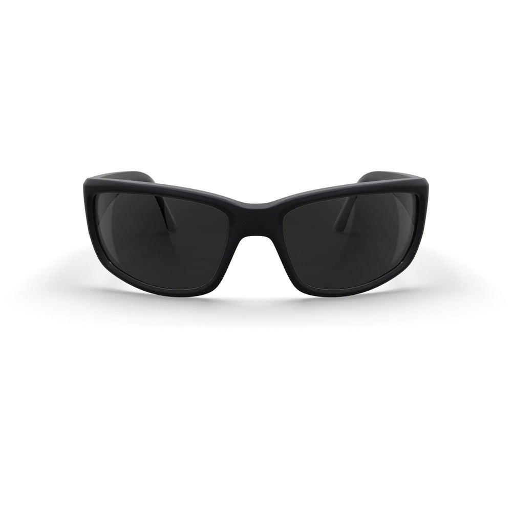 REKS® wrap-around polycarbonate sunglasses with black smoke tint, featuring a sleek front view and protective wrap design.
