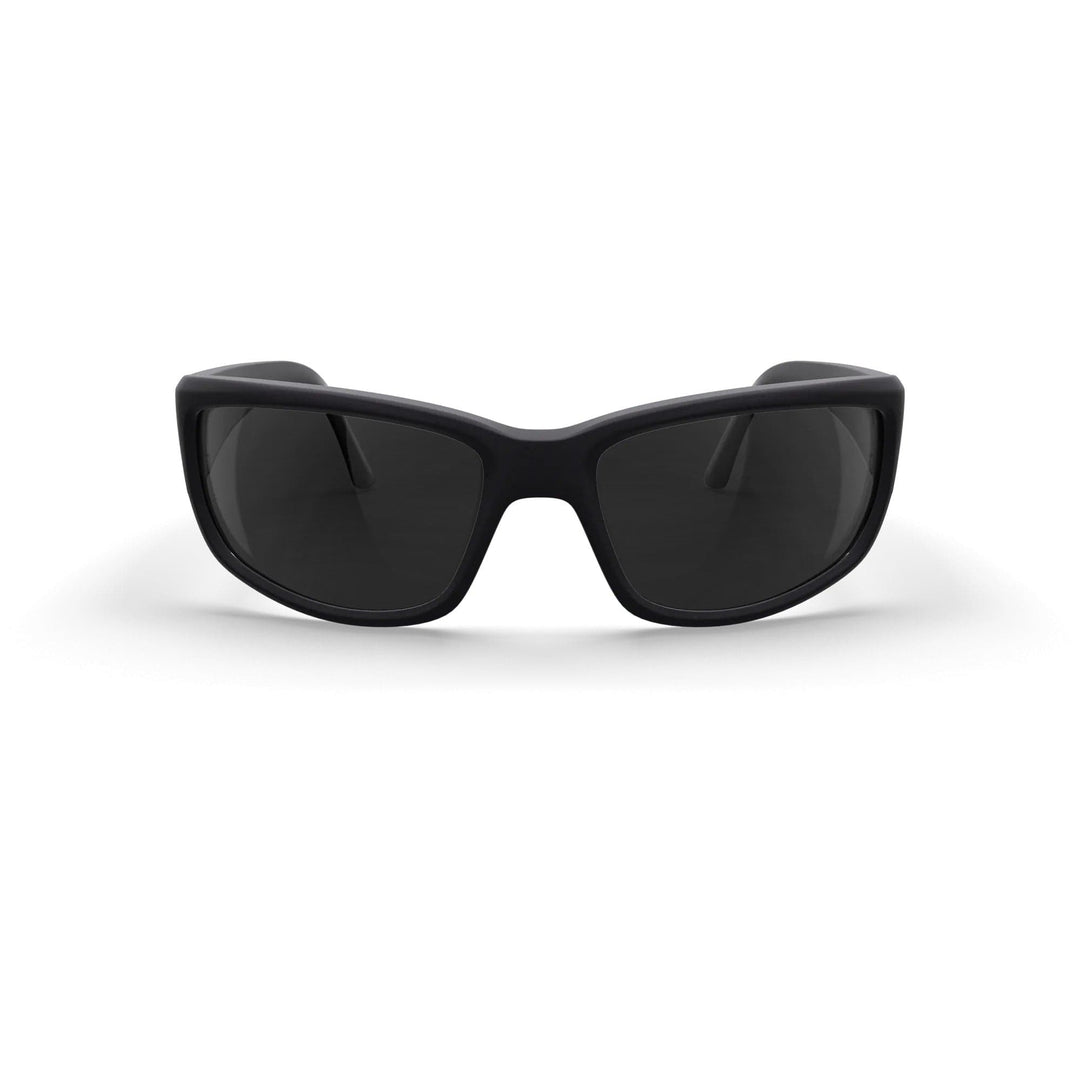 REKS® wrap-around polycarbonate sunglasses with black smoke tint, featuring a sleek front view and protective wrap design.