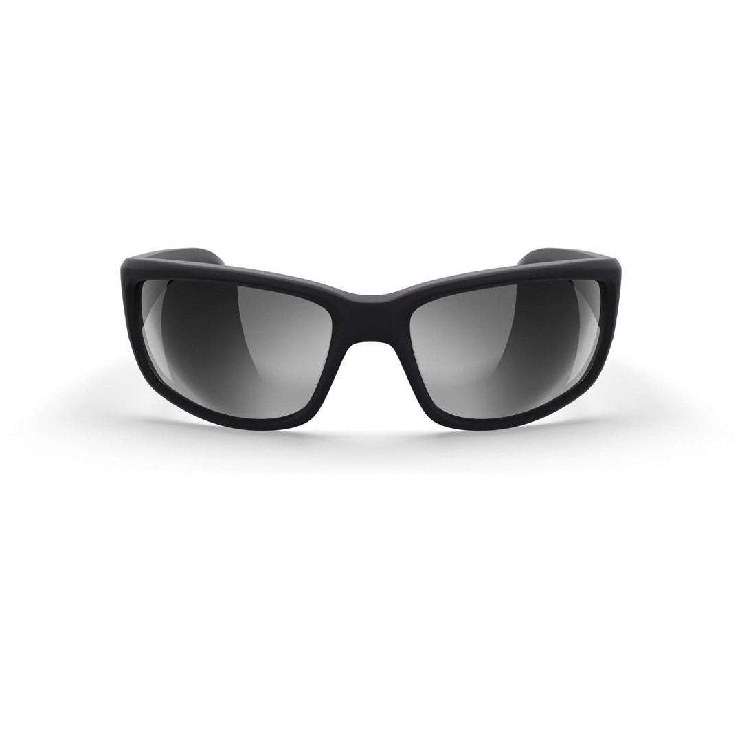 REKS® wrap around polycarbonate sunglasses with black frame and silver mirror lenses, offering a sleek, sporty look.