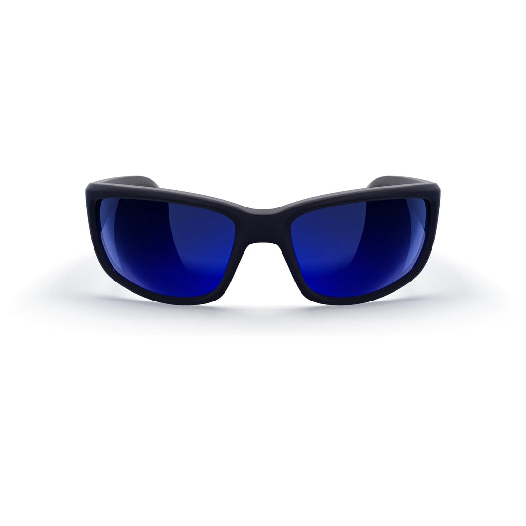 REKS® wrap around polycarbonate sunglasses with black frame and blue mirror lenses, offering a sleek, sporty design.