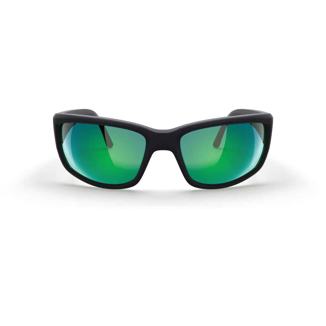 REKS® wrap around polycarbonate sunglasses with black frame and green mirrored lenses, showcasing a sporty, protective design.
