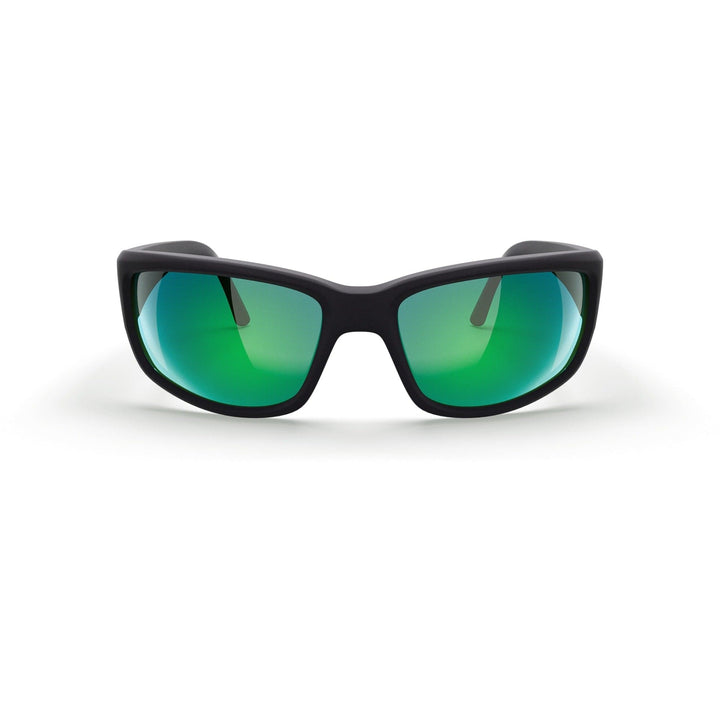 REKS® wrap around polycarbonate sunglasses with black frame and green mirrored lenses, showcasing a sporty, protective design.