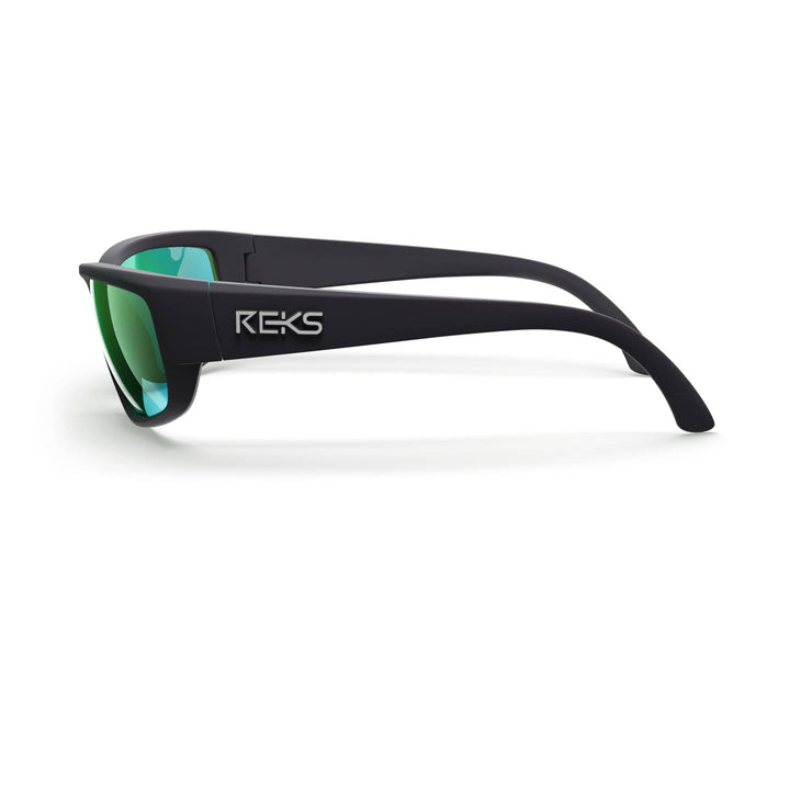 REKS® wrap around polycarbonate sunglasses with black frames and green mirror lenses, providing full eye coverage and UV protection.