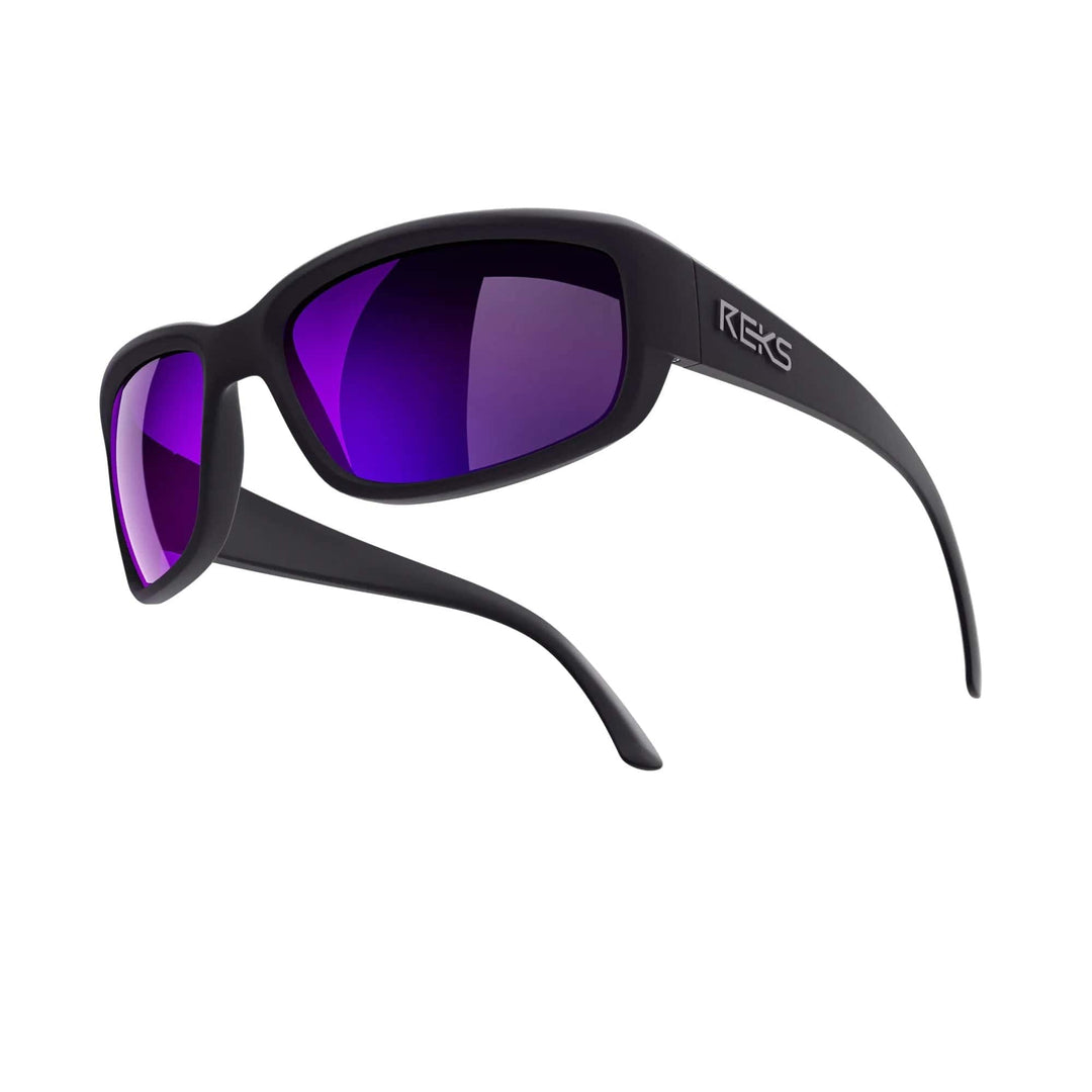 REKS® wrap around polycarbonate sunglasses with black frames and purple mirrored lenses, offering full eye coverage and sporty style.