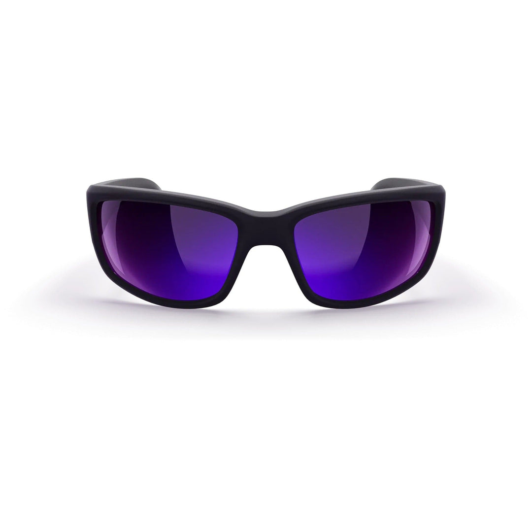 REKS® wrap around polycarbonate sunglasses with black and purple mirror lenses, offering full eye coverage and sporty style.