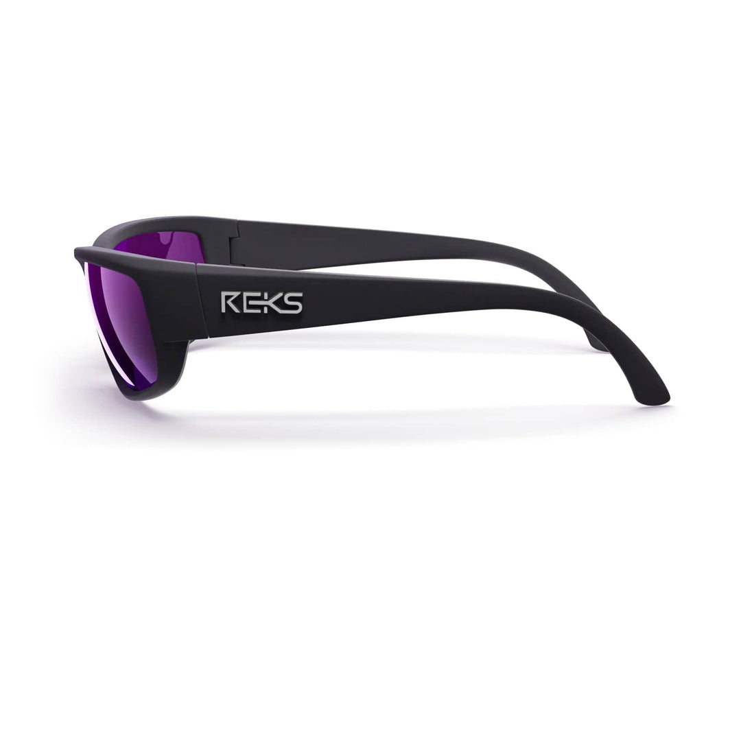 Black and purple mirror wrap-around polycarbonate sunglasses by REKS® showing the side view with sleek design and tinted lenses.
