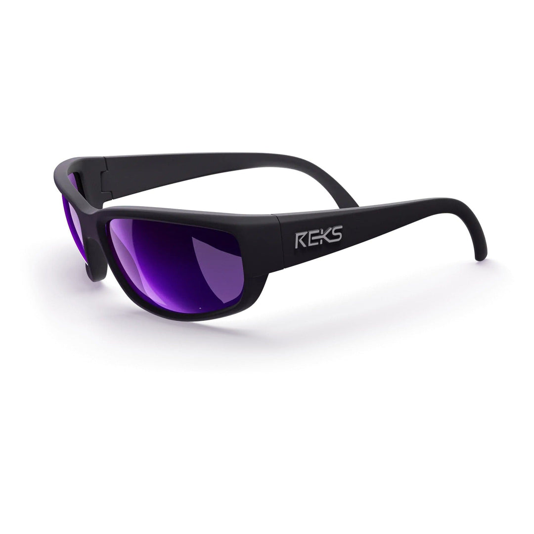 REKS® wrap-around polycarbonate sunglasses with black frames and purple mirrored lenses, shown from a three-quarters angle