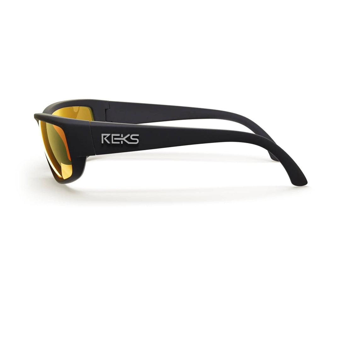 REKS® wrap around polycarbonate sunglasses in black with gold mirror lenses, offering a stylish, protective eyewear design.