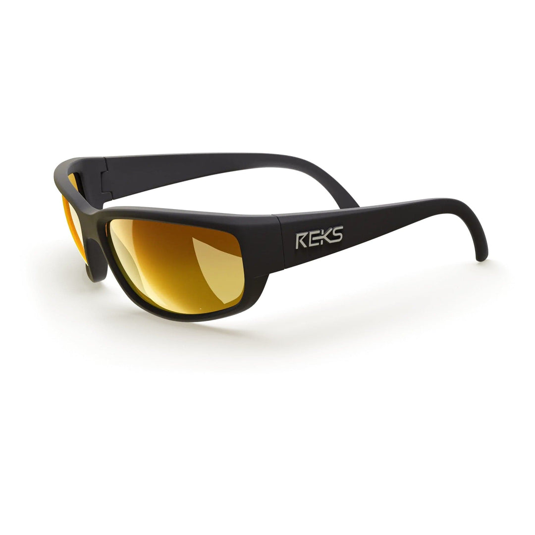 REKS® wrap around polycarbonate sunglasses with black frames and gold mirror lenses, shown from a three-quarter angle.