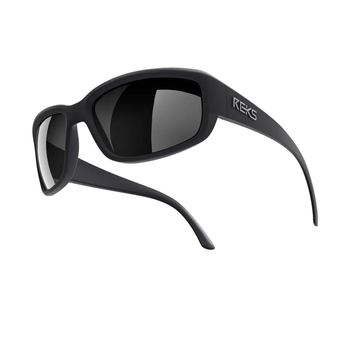 Black REKS® wrap-around polycarbonate sunglasses with mirrored lenses, featuring a sleek, curved design for full eye coverage.