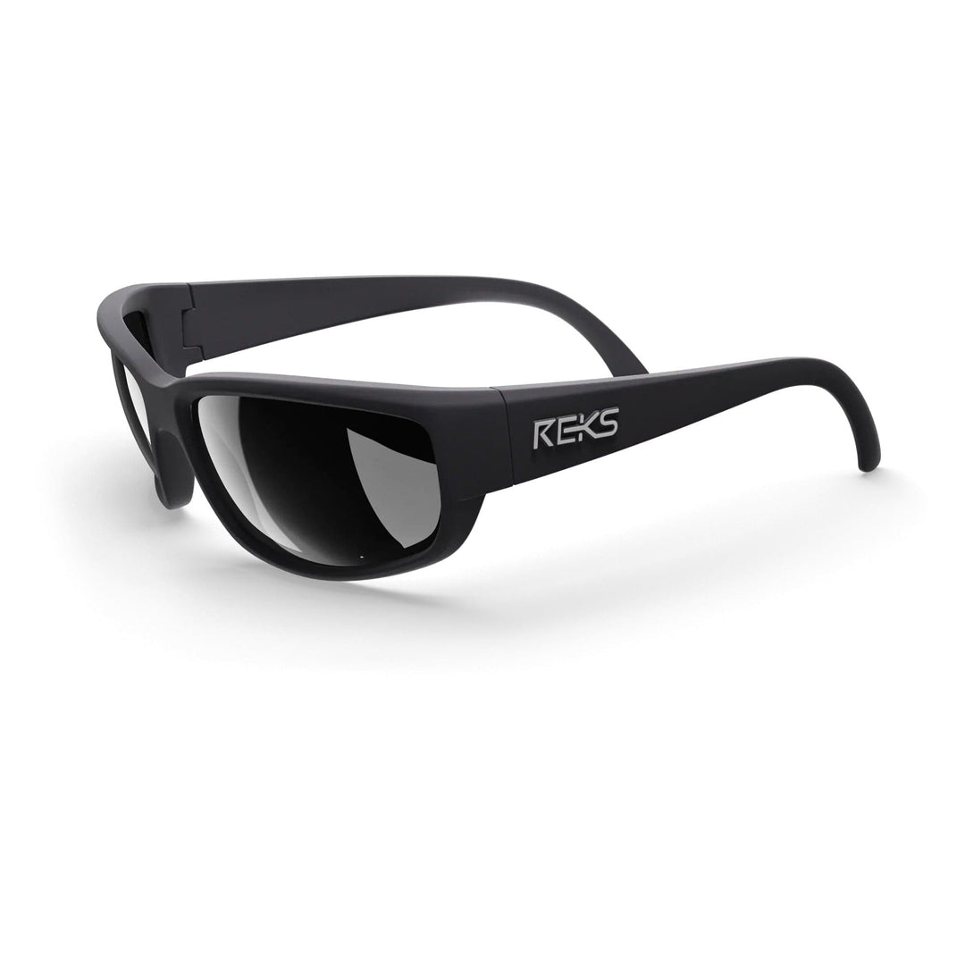 Black REKS® wrap-around polycarbonate sunglasses with mirror lenses, showing three-quarter view from the side.