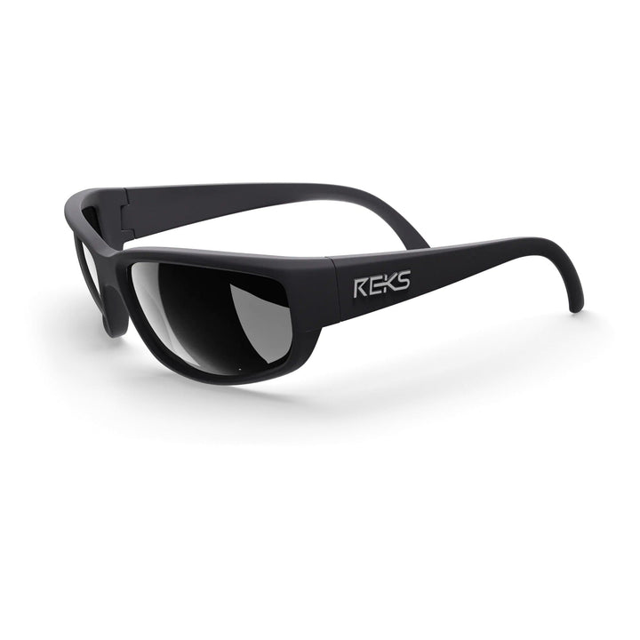 Black REKS® wrap-around polycarbonate sunglasses with mirror lenses, showing three-quarter view from the side.