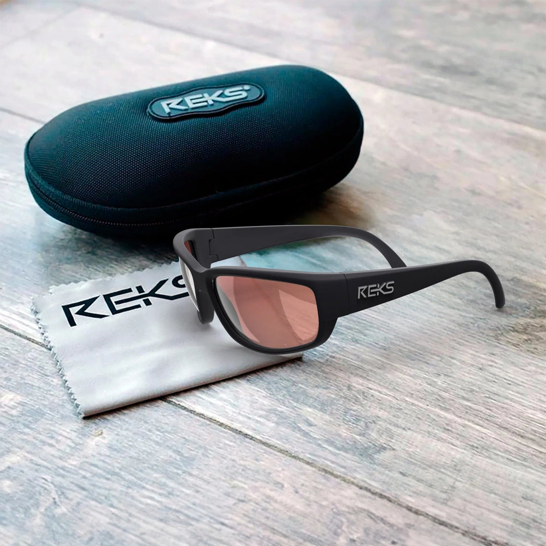 REKS® wrap-around polarized polycarbonate sunglasses with blue mirror lenses, providing full eye protection and stylish coverage.