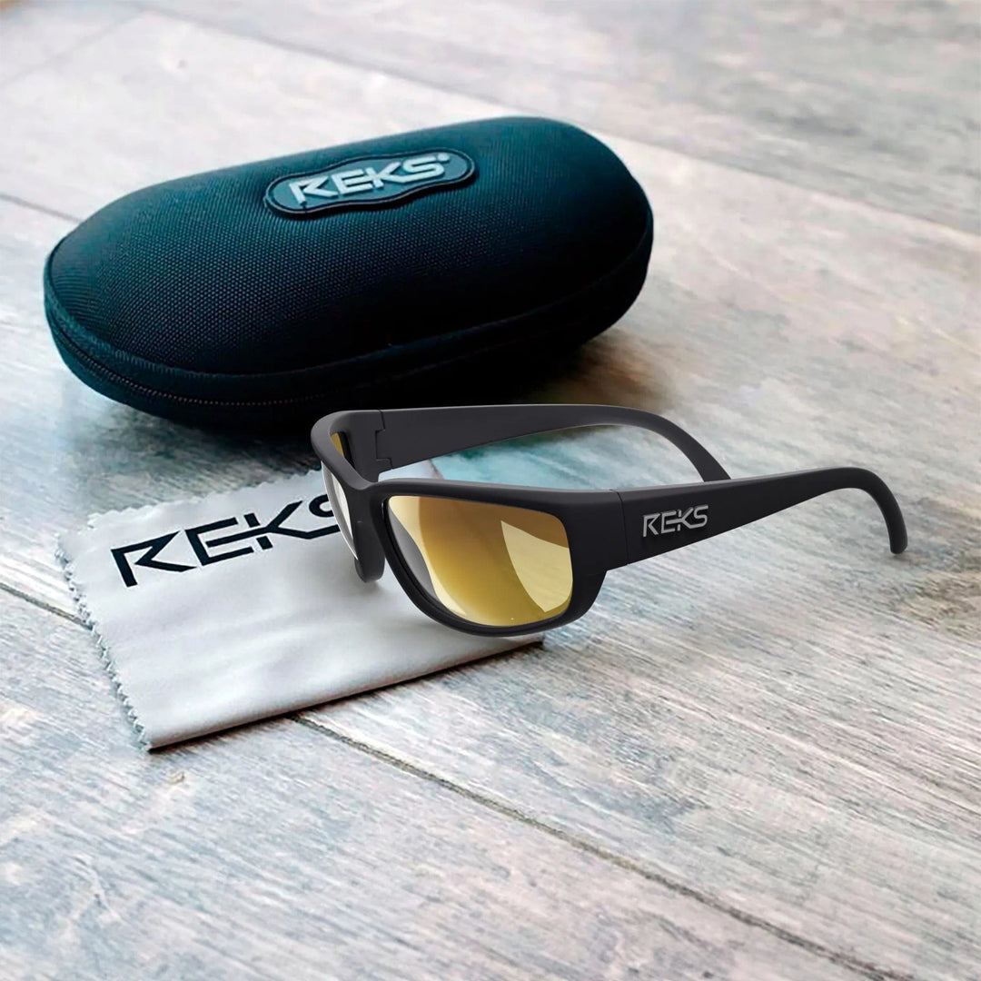 REKS® wrap around polarized polycarbonate sunglasses with blue mirror lenses, offering UV protection and a sporty design