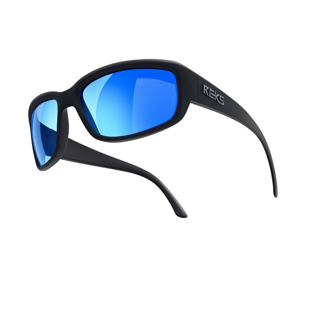 REKS® wrap-around polarized polycarbonate sunglasses with blue mirror lenses, providing UV protection and a sleek sport style.