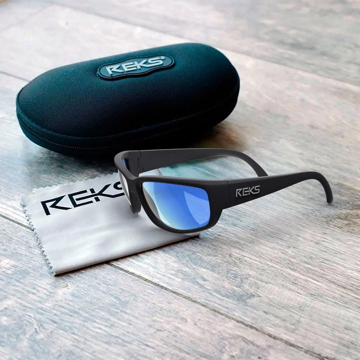 REKS® wrap-around polarized polycarbonate sunglasses with blue mirror lenses, designed for full eye coverage and UV protection.