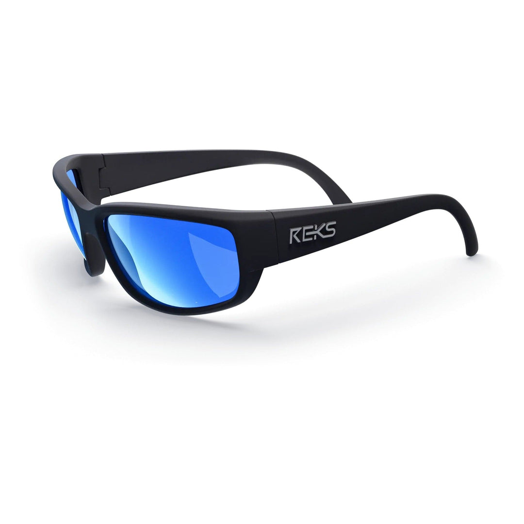 REKS® wrap-around polarized polycarbonate sunglasses with blue mirror lenses, offering UV protection and a sleek sporty design.