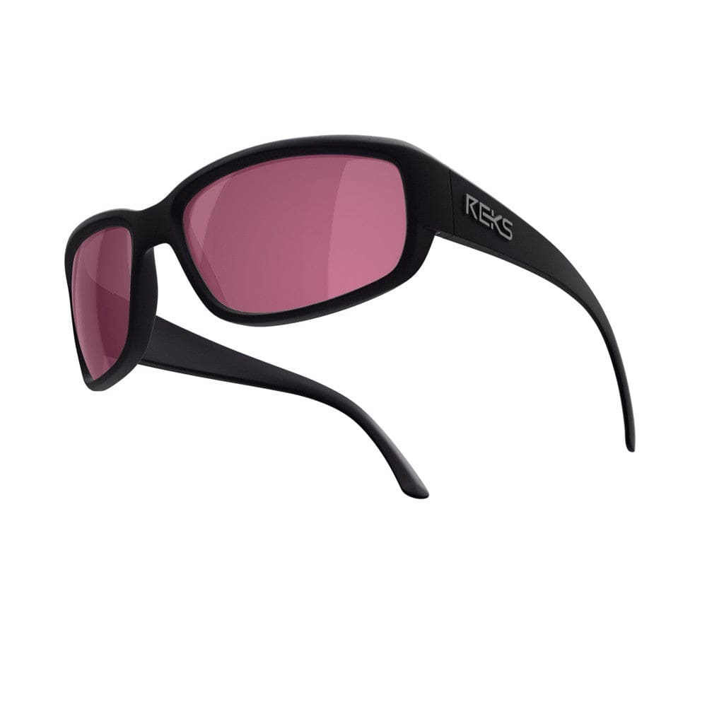 REKS® wrap-around polarized sunglasses with black and rose-colored lenses, offering contrast and UV protection.