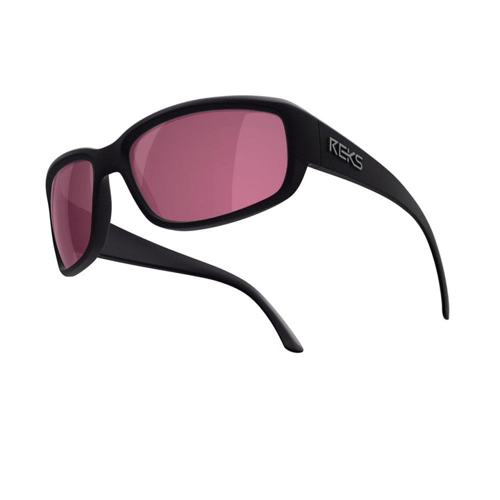 REKS® wrap-around polarized sunglasses with black and rose-colored lenses, offering contrast and UV protection.