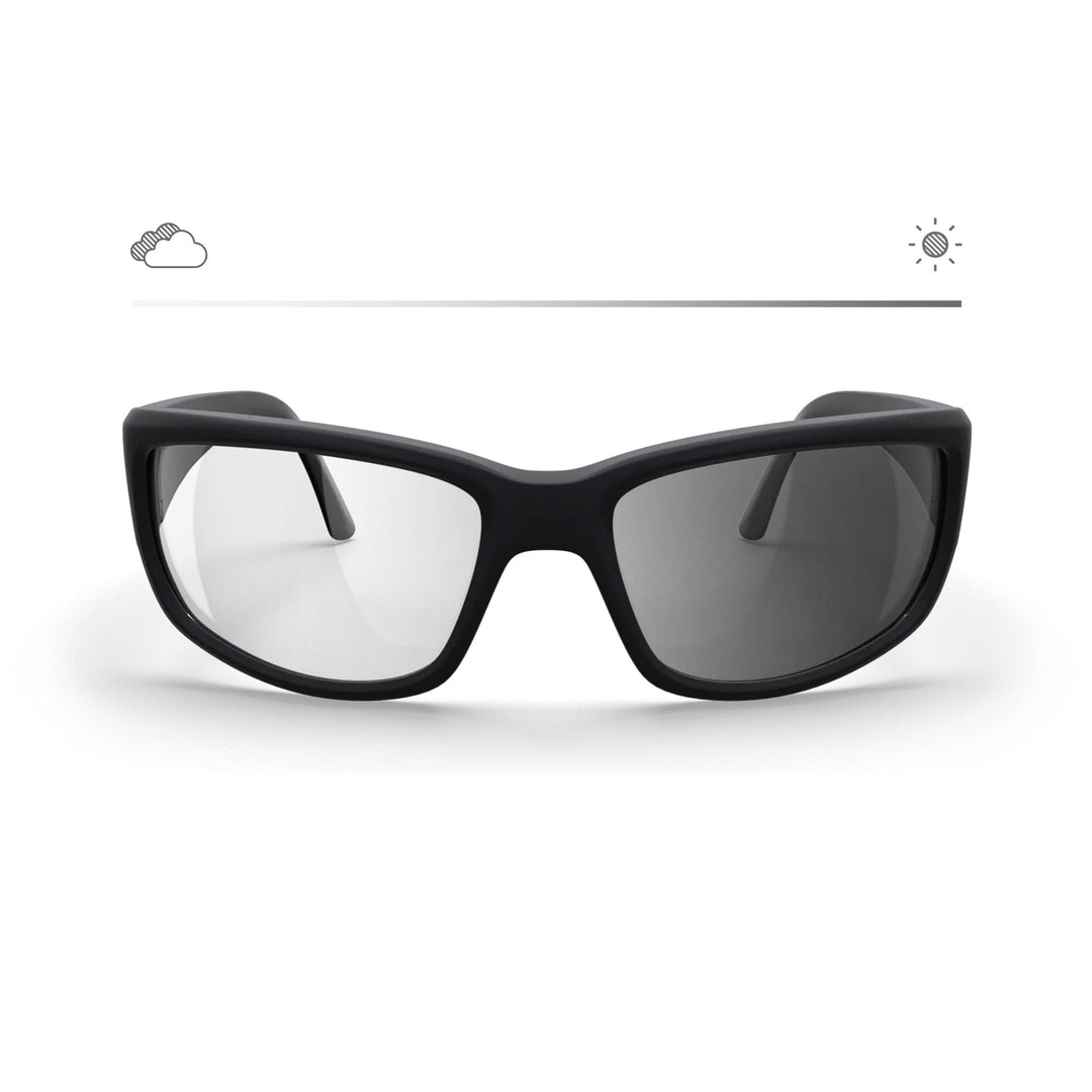 REKS® Wrap Around Transitions® Trivex® XTRActive polarized sunglasses with black and grey tinted lenses, front view on white background